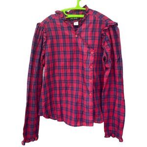 Vintage Chic by h.i.s. Size M plaid ruffle trim blouse.